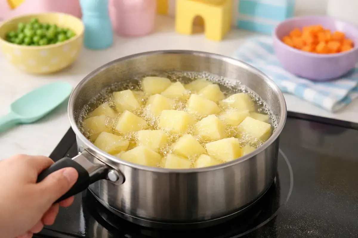 Step 1: Peeled potato chunks boiling in a pot of water on a stovetop in a pastel kitchen