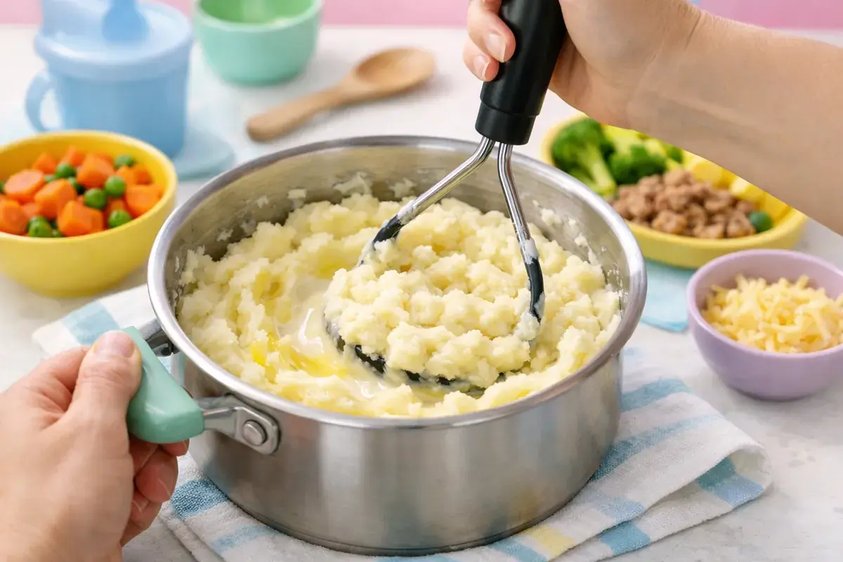 Step 2: Cooked potatoes being mashed with butter and milk in a pot with a potato masher until smooth and creamy
