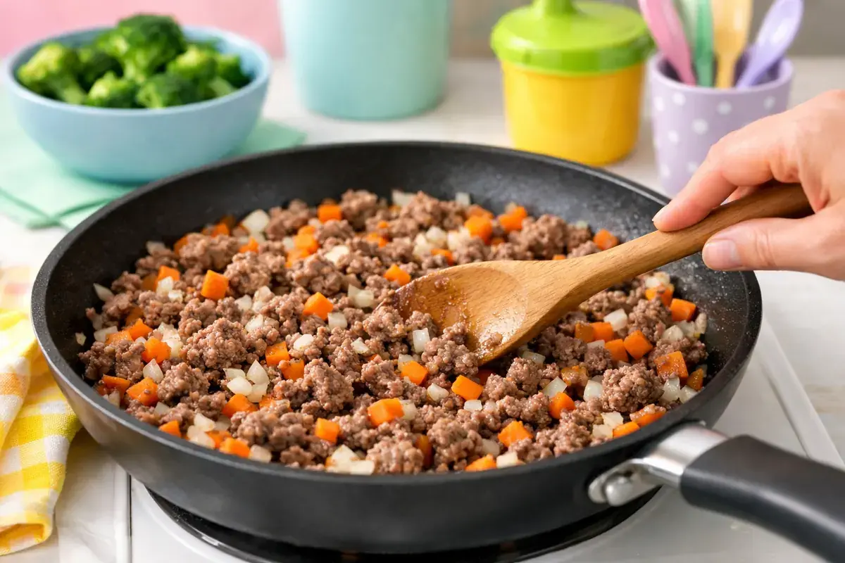 Step 3: Ground beef, finely chopped onion and diced carrot being browned and broken up with a wooden spoon in a frying pan