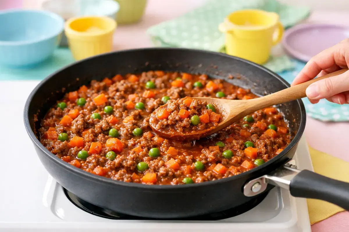 Step 4: A thick beef, carrot and pea filling with tomato simmering in a frying pan