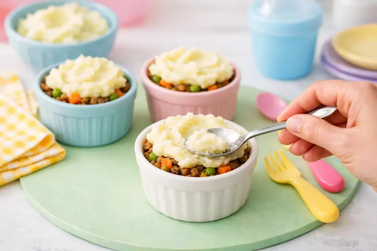 Step 5: Four small round ramekins filled with beef and vegetable filling, with mashed potato being spread on top with a spoon