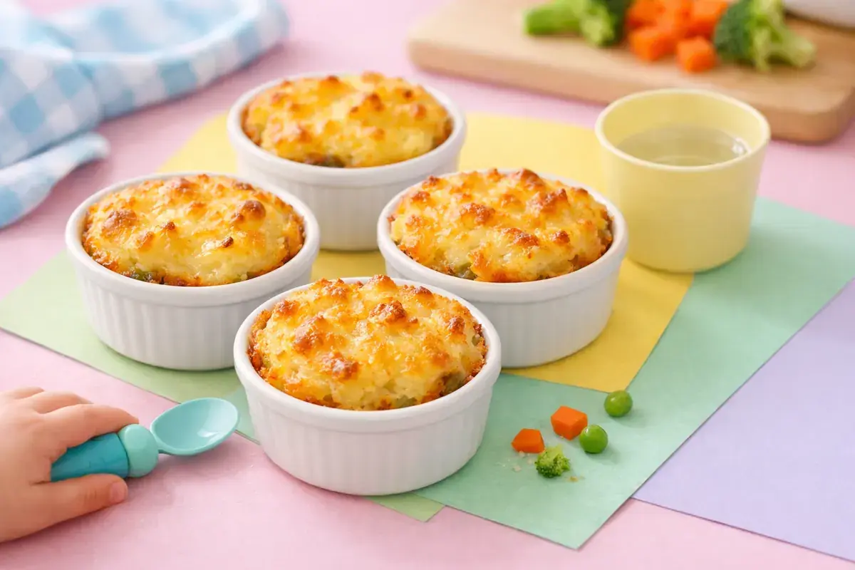 Mini Beef & Veggie Cottage Pies served on a toddler plate