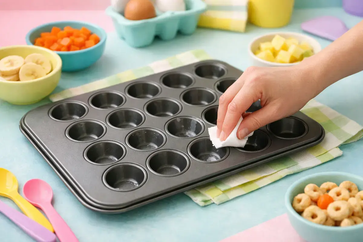 Step 1: A 24 cup mini muffin pan being greased on a pastel kitchen counter
