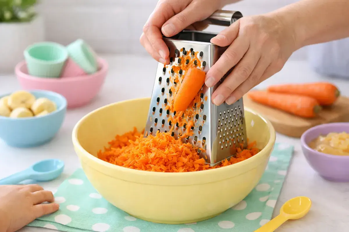 Step 2: Bright orange carrots being finely grated on a box grater into a bowl