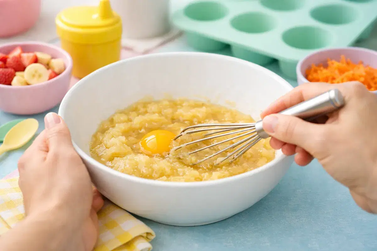 Step 3: Mashed banana, applesauce and an egg being whisked together in a mixing bowl
