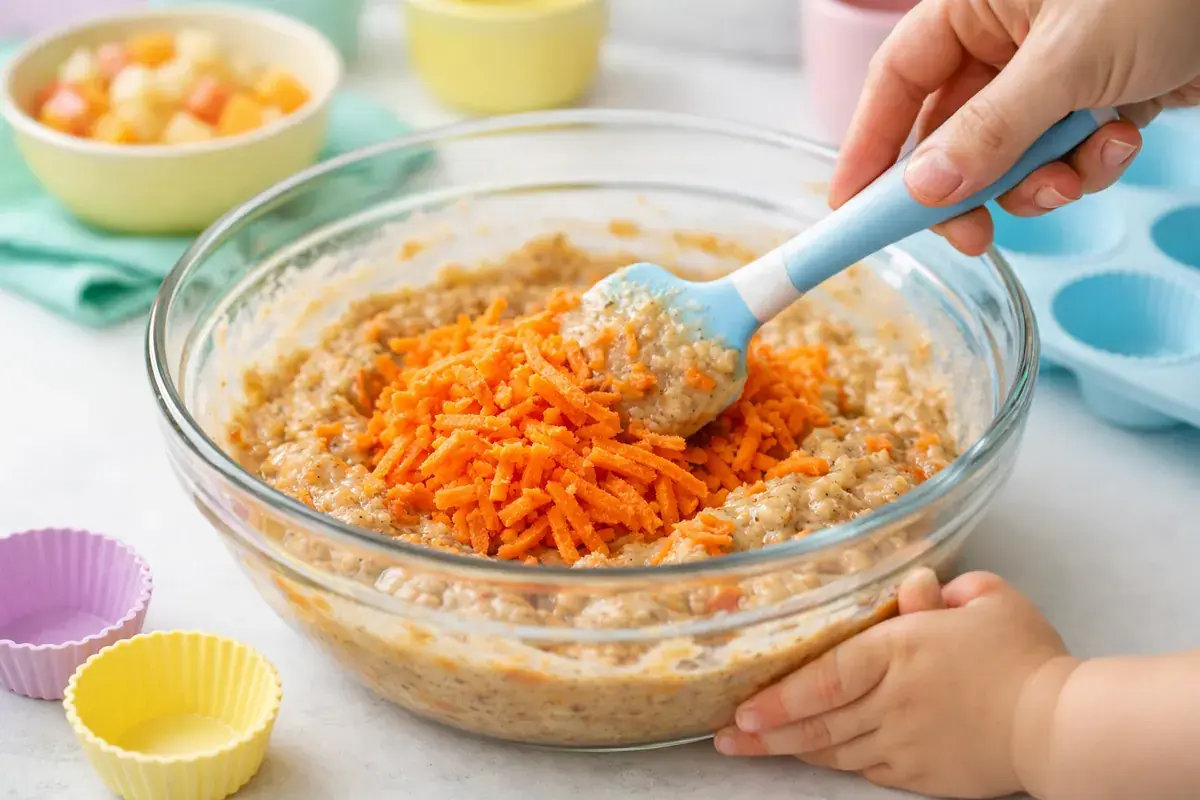 Step 4: Grated carrot being folded into a muffin batter with a rubber spatula