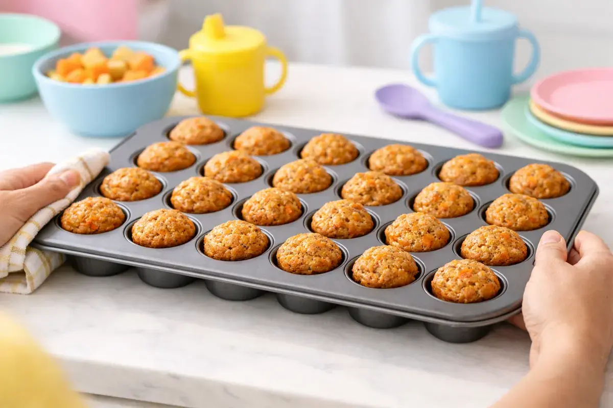 Step 5: Mini carrot cake muffins rising golden brown in a muffin tin fresh out of the oven