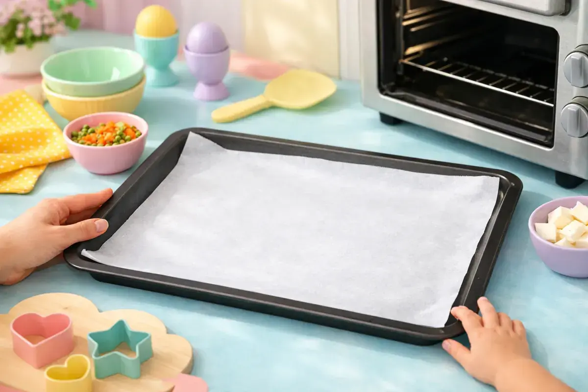 Step 1: A baking sheet lined with parchment paper on a pastel kitchen counter next to an oven