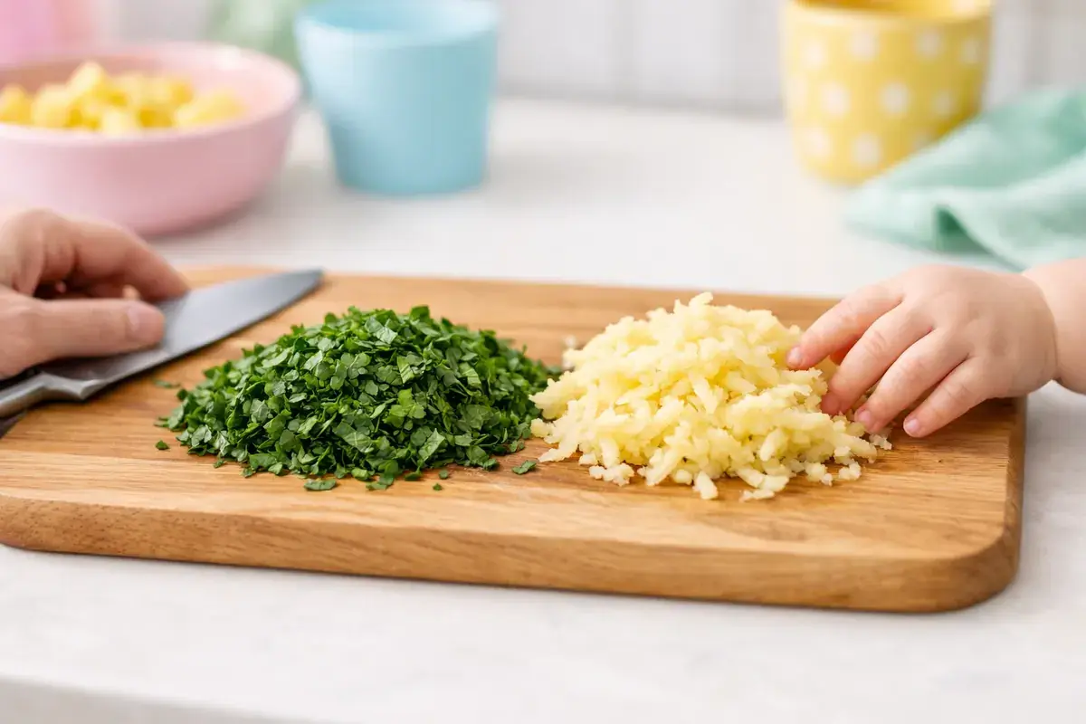 Step 2: Finely chopped baby spinach and freshly grated apple on a wooden cutting board