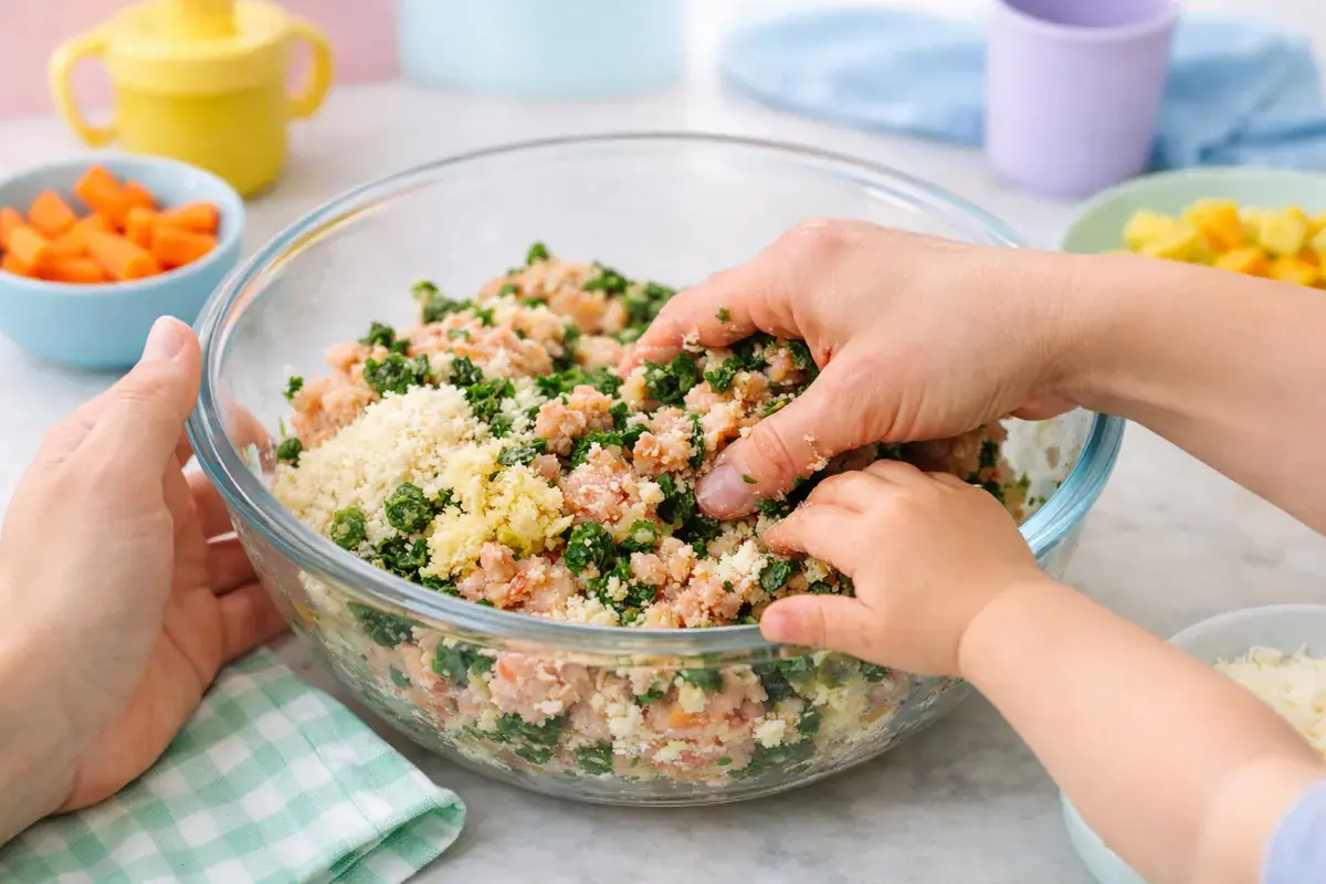 Step 3: Ground turkey, chopped spinach, grated apple, breadcrumbs, parmesan and egg in a large mixing bowl being mixed