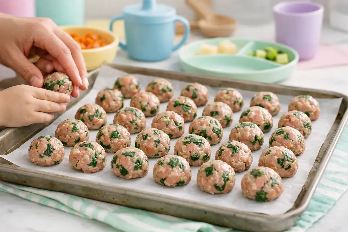 Step 4: Rows of small raw turkey spinach meatballs on a parchment lined baking tray