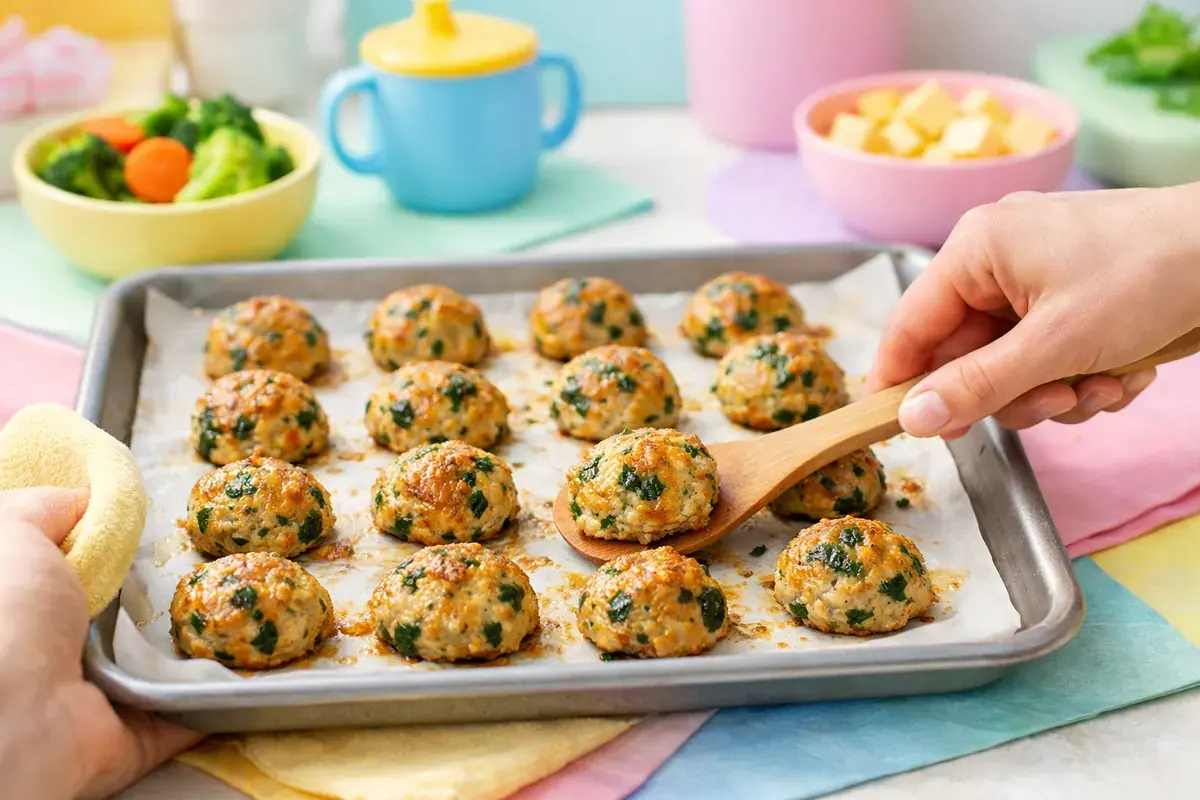Step 5: Golden baked mini turkey meatballs on a baking tray fresh from the oven