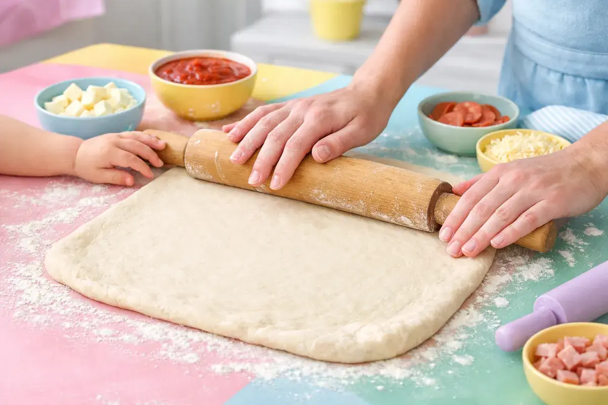 Step 1: Pizza dough being rolled into a rectangle with a rolling pin on a floured pastel countertop