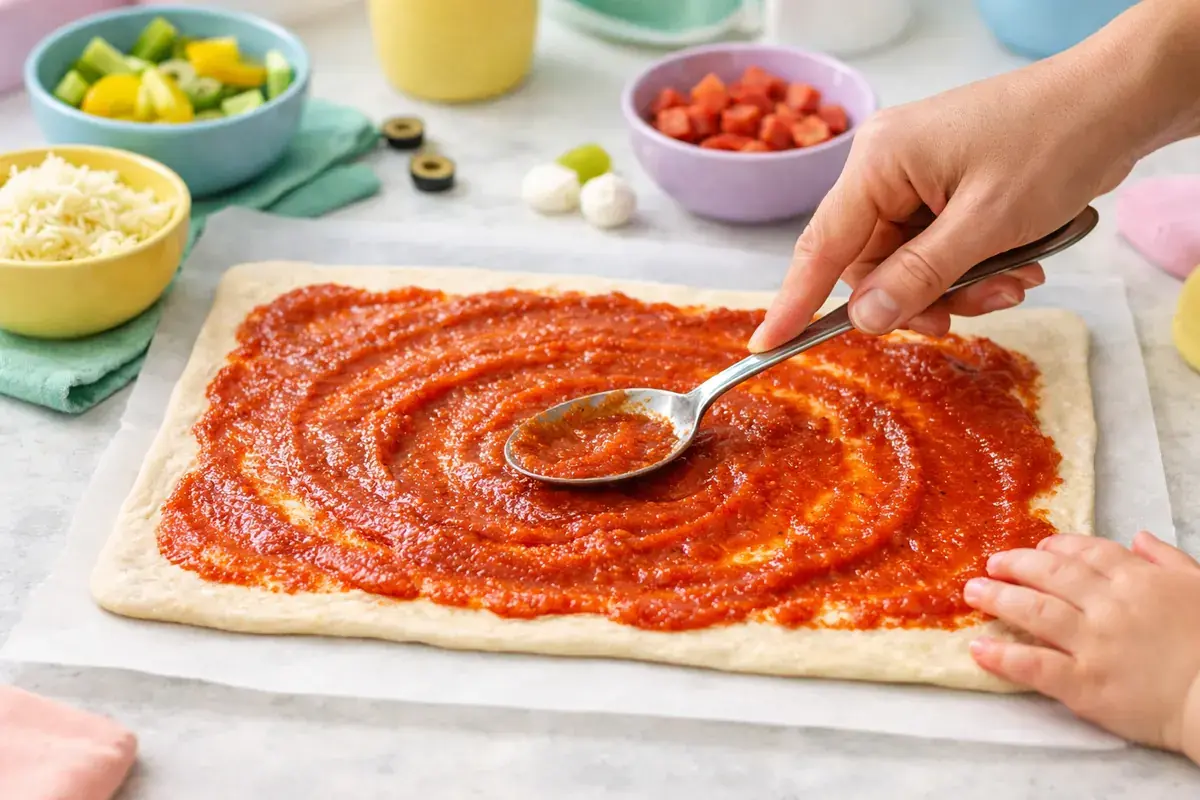 Step 2: A thin layer of red tomato sauce being spread over a rectangle of pizza dough with the back of a spoon
