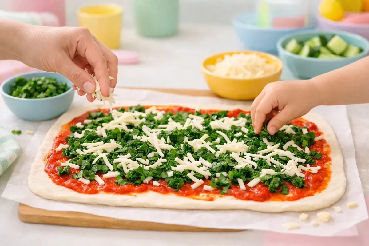 Step 3: Chopped spinach and shredded mozzarella scattered over tomato sauce on rolled out pizza dough