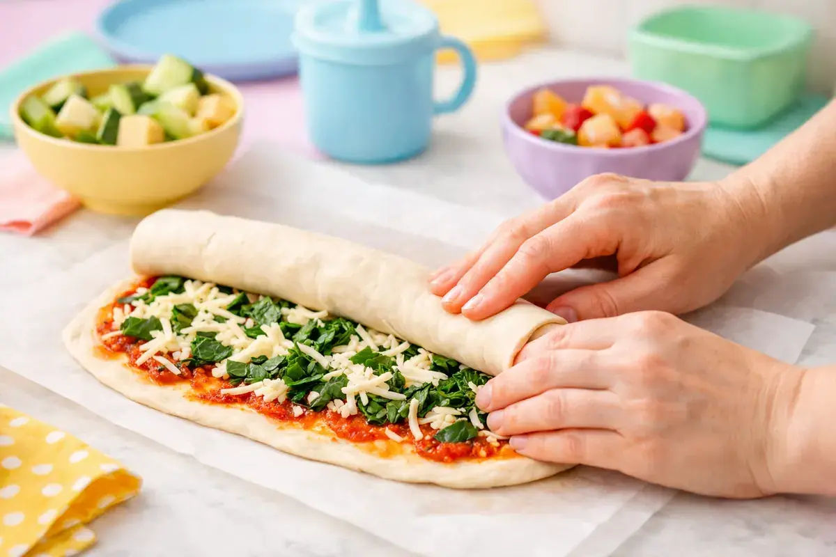 Step 4: Adult hands rolling pizza dough topped with cheese and spinach into a tight log