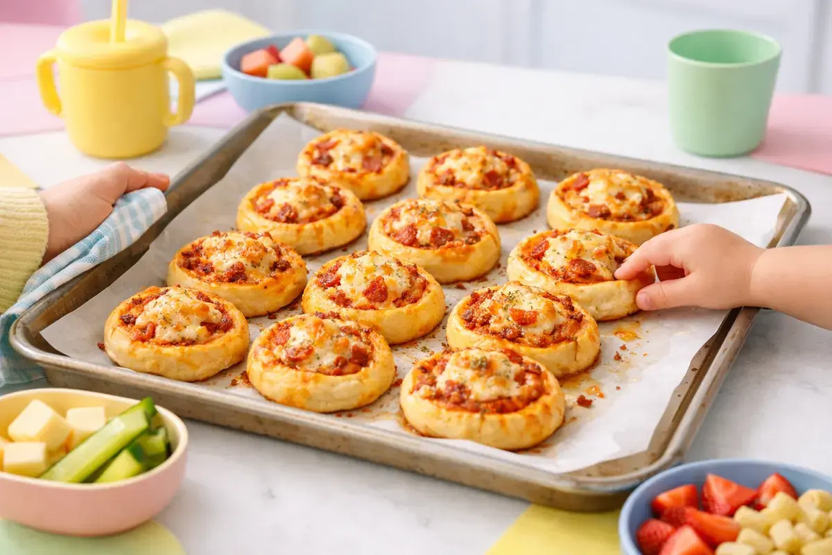 Step 5: Pizza pinwheel slices arranged on a parchment lined baking sheet, golden and bubbly just out of the oven