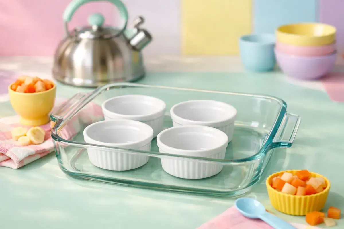 Step 1: Four small white ramekins set inside a deep glass baking dish on a pastel kitchen counter, with a kettle in the background