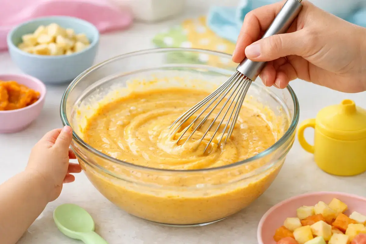 Step 3: Orange pumpkin purée, eggs, milk and cinnamon being whisked into a smooth custard in a mixing bowl