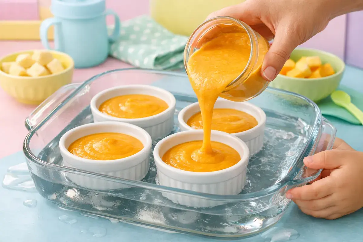 Step 4: Smooth orange pumpkin custard being poured into small ramekins sitting in a baking dish, with hot water poured around them