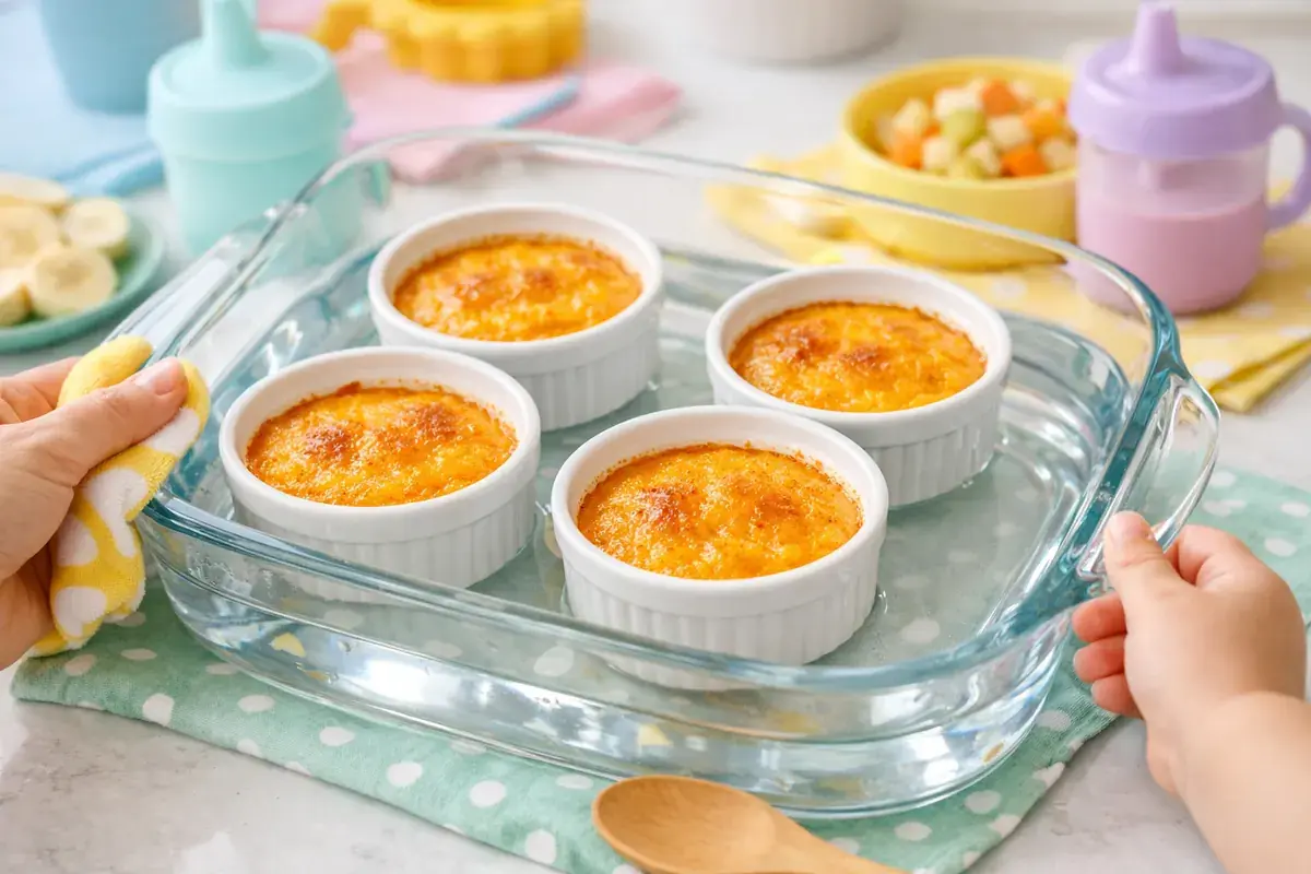 Step 5: Baked orange pumpkin custard cups in ramekins in a water-filled baking dish, set and lightly golden on top
