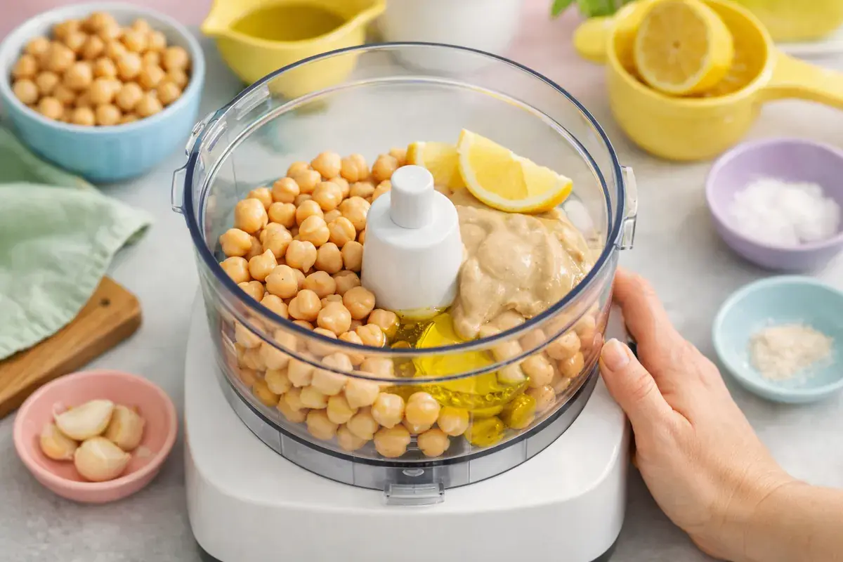 Step 1: Chickpeas, tahini, lemon and olive oil in a food processor ready to blend