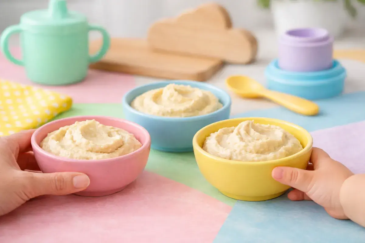 Step 2: Creamy plain hummus divided into three small pastel bowls