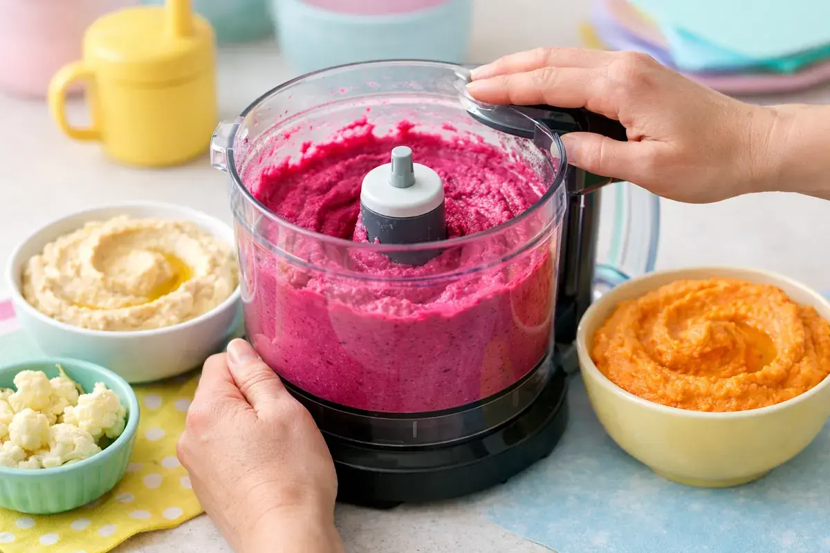 Step 3: A food processor blending vibrant pink beet hummus next to bowls of plain and orange hummus