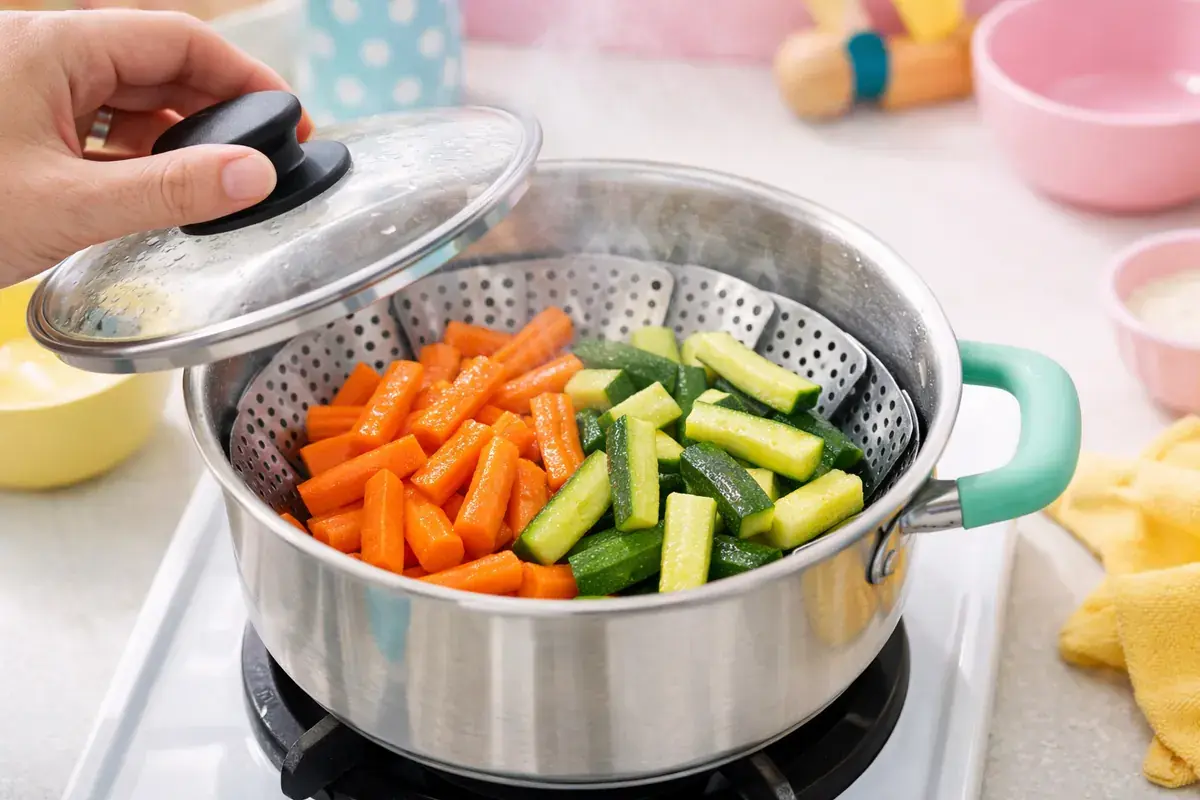 Step 4: Carrot sticks and zucchini sticks in a steamer basket, steaming until tender
