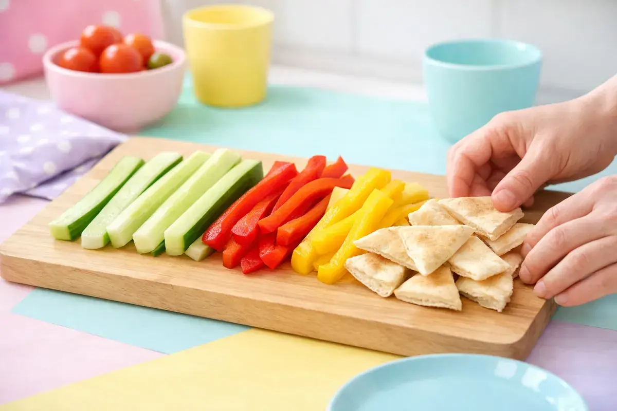 Step 5: Long strips of peeled cucumber, red and yellow bell pepper and soft pita triangles on a cutting board