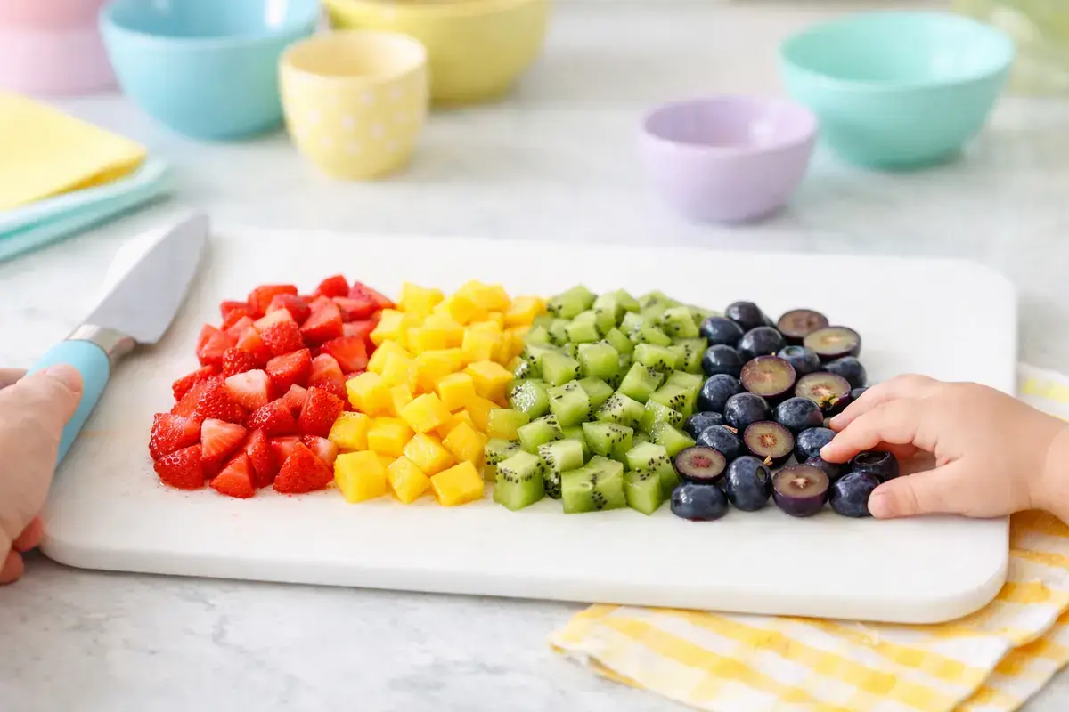 Step 1: Small diced strawberries, mango, kiwi and halved blueberries arranged in rainbow color rows on a white cutting board