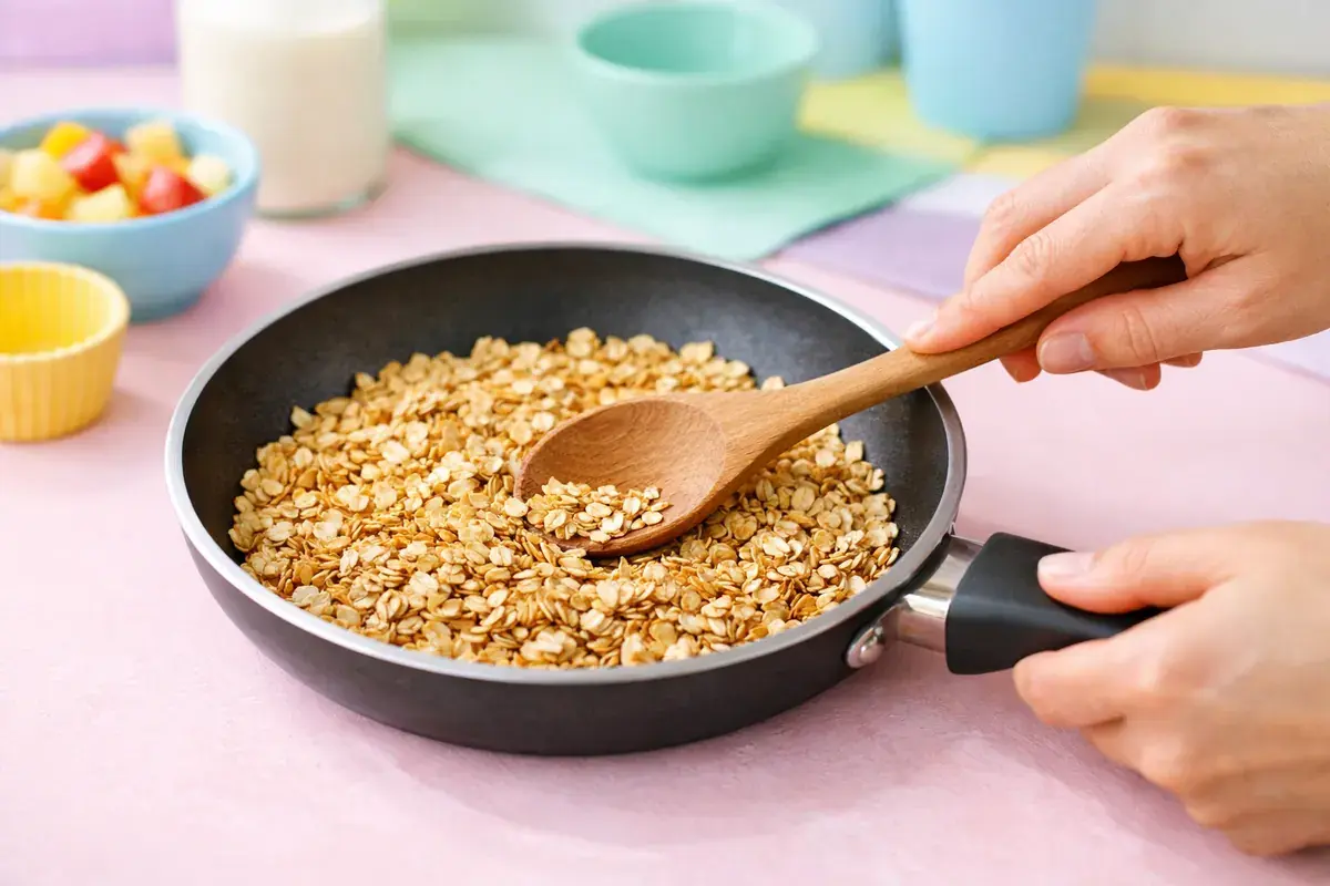 Step 2: Rolled oats being toasted golden in a small dry frying pan with a wooden spoon