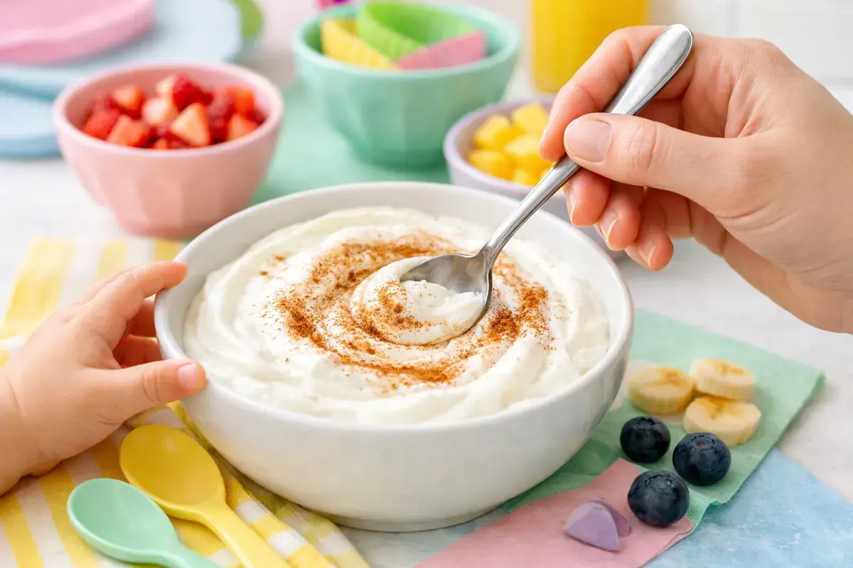 Step 3: A bowl of thick plain greek yogurt with a sprinkle of cinnamon being stirred with a spoon