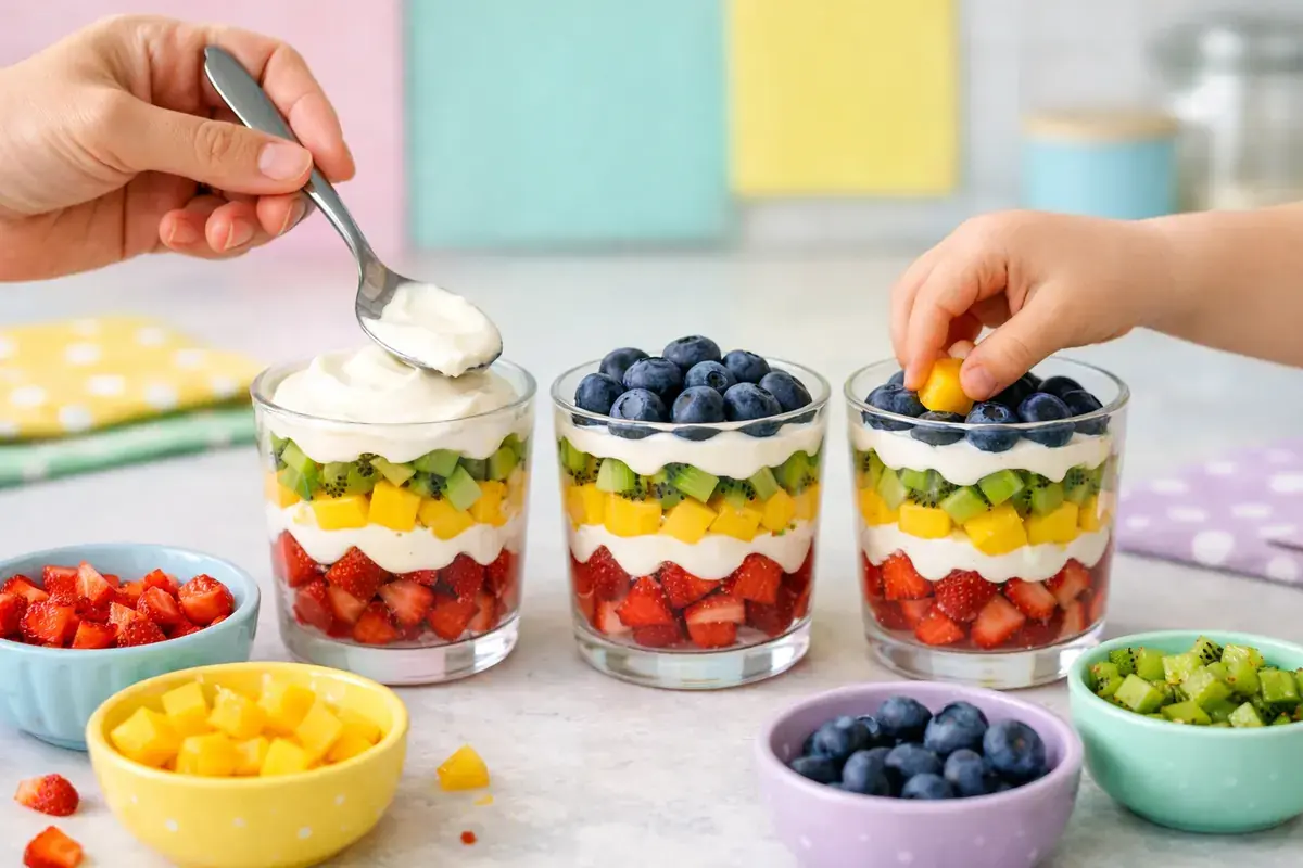 Step 5: Small clear cups with rainbow layers of strawberries, yogurt, mango, kiwi and blueberries being built with a spoon