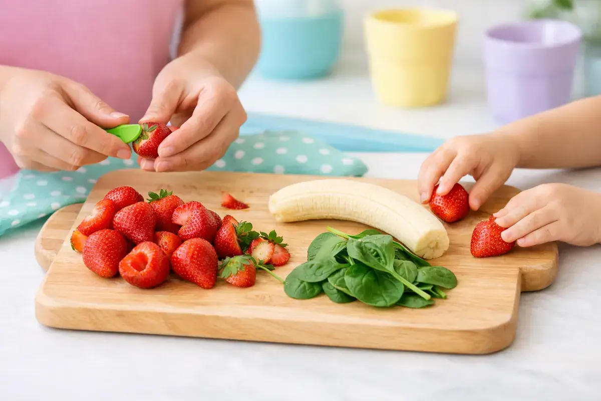 Step 1: Fresh strawberries being hulled next to a peeled banana and a handful of baby spinach on a cutting board