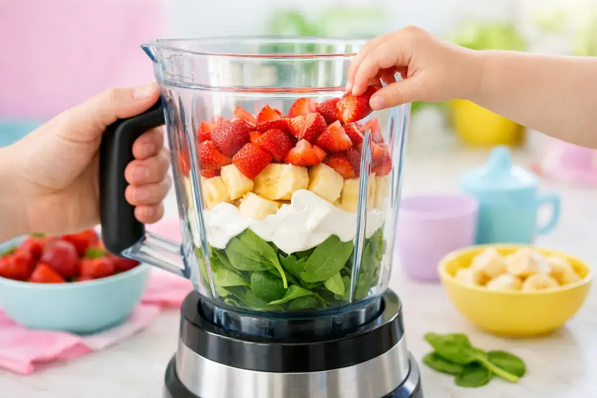 Step 2: Strawberries, banana, yogurt and spinach inside a blender jar