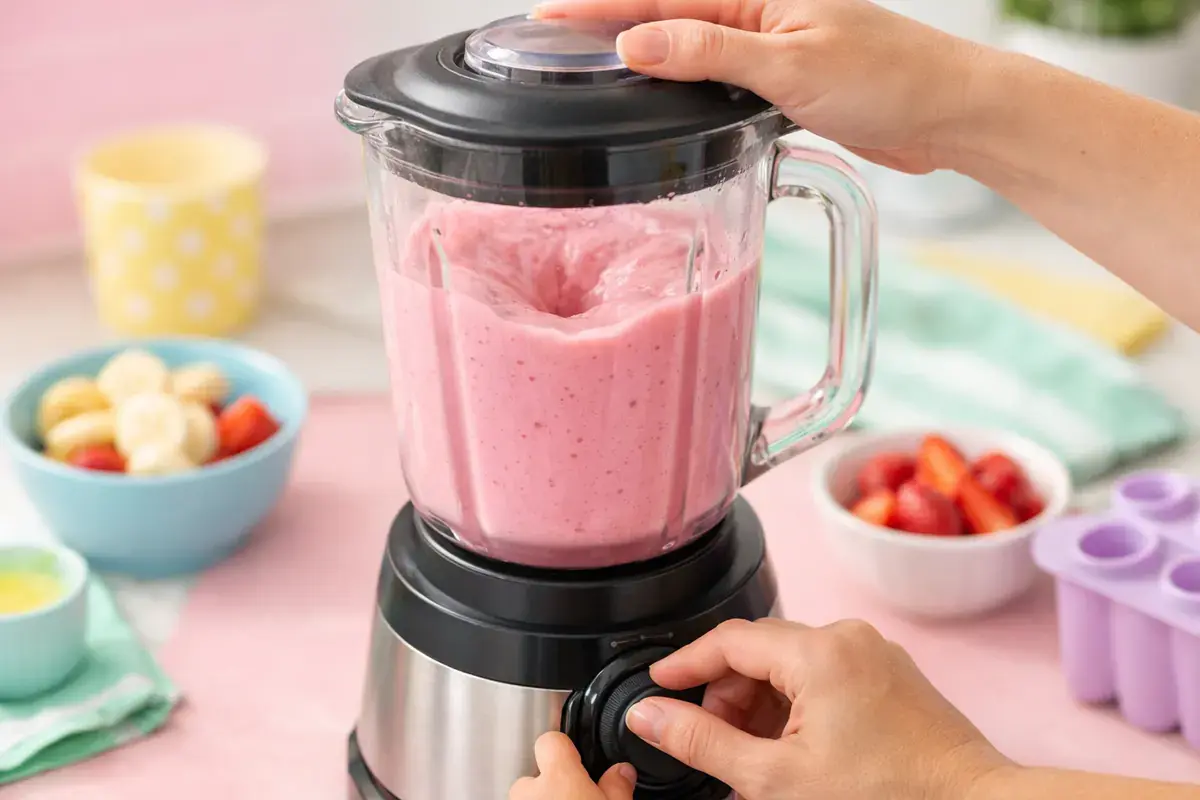 Step 3: A vibrant pink strawberry banana smoothie blending smoothly in a blender