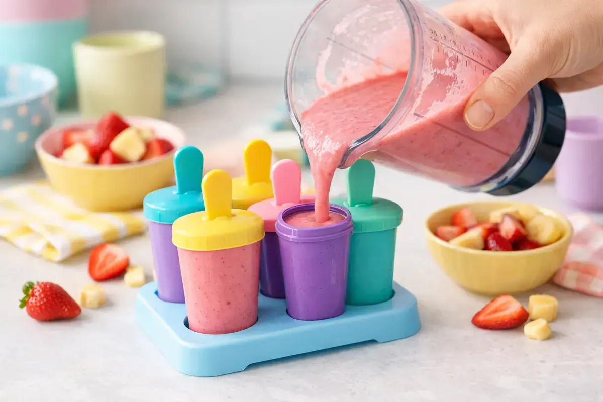 Step 4: Pink smoothie being poured into small colorful toddler popsicle molds