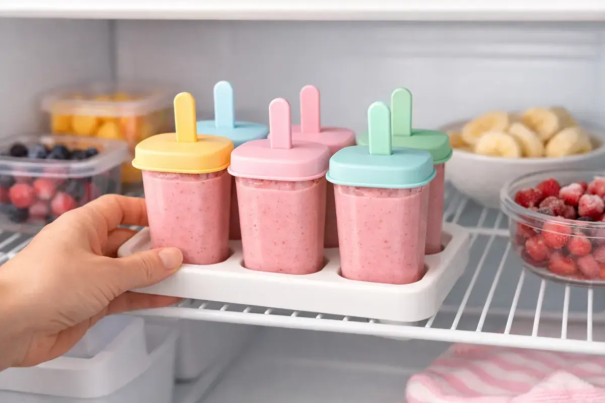 Step 5: Colorful popsicle molds filled with pink smoothie with sticks inserted, inside a freezer
