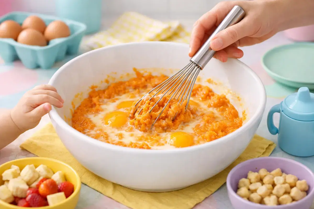 Step 2: A whisk mixing orange sweet potato with eggs and milk in a large white mixing bowl