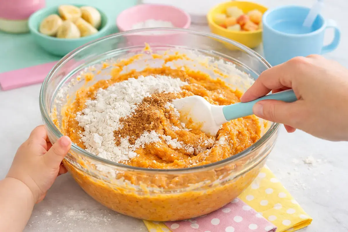 Step 3: Flour and cinnamon being folded into thick orange sweet potato batter with a rubber spatula