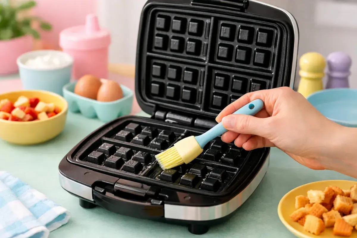 Step 4: An open preheated waffle iron being brushed lightly with oil on a pastel kitchen counter
