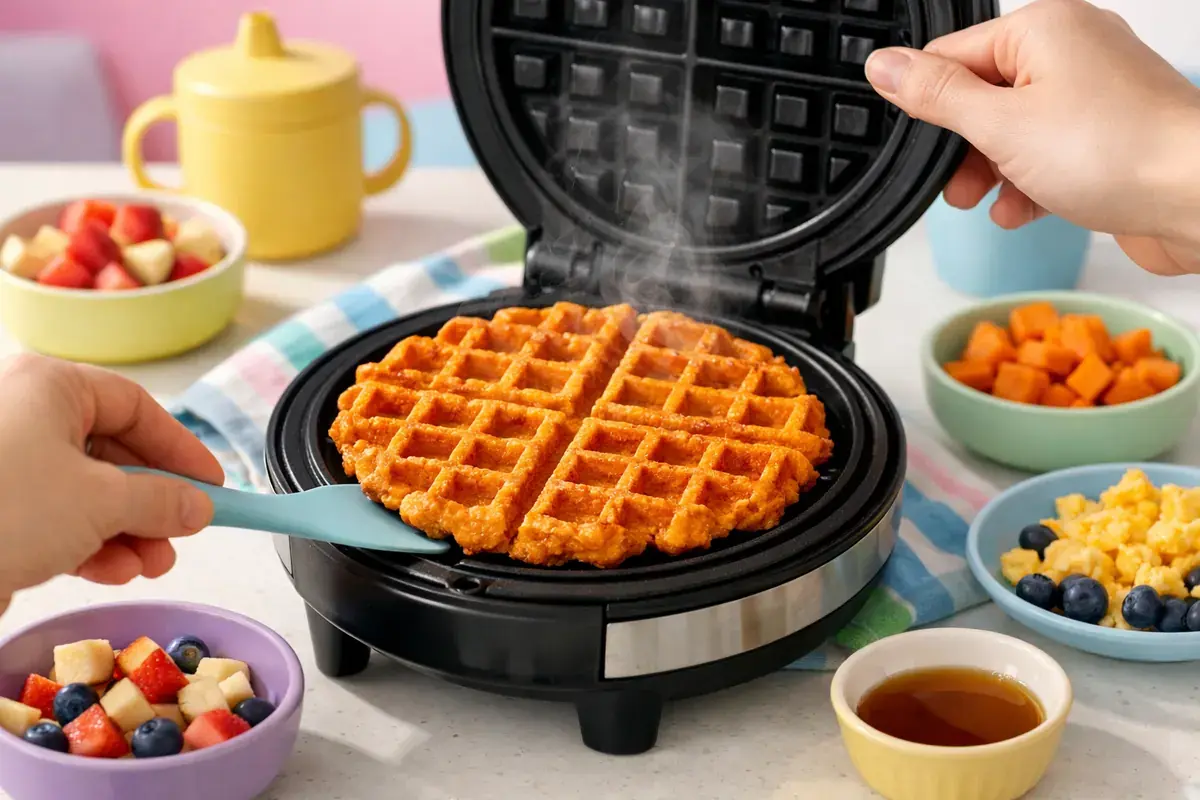 Step 5: An open waffle iron with a golden orange sweet potato waffle just finished cooking, steam rising
