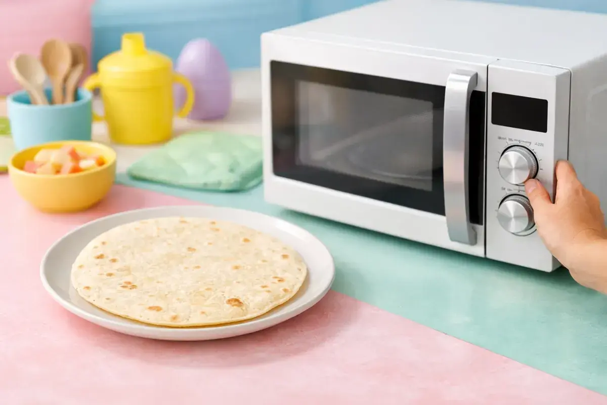 Step 1: A soft flour tortilla on a plate next to a microwave on a pastel kitchen counter