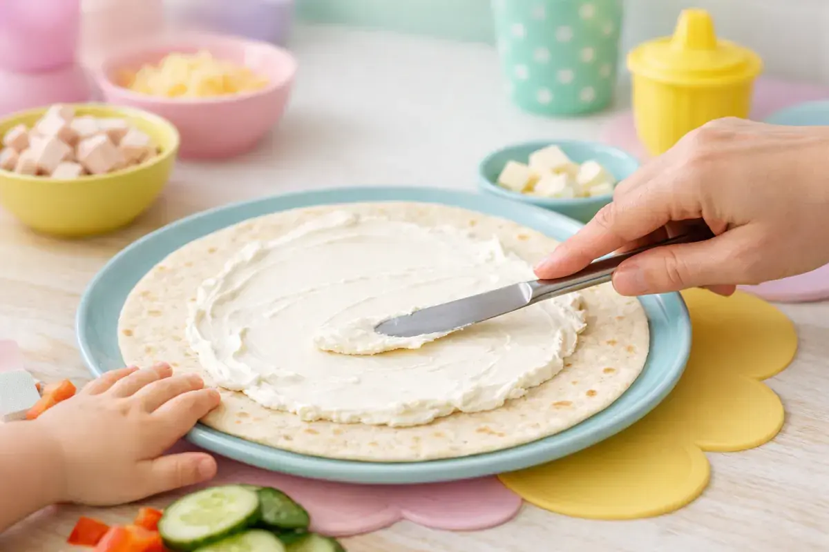 Step 2: Cream cheese being spread over a flour tortilla with a butter knife