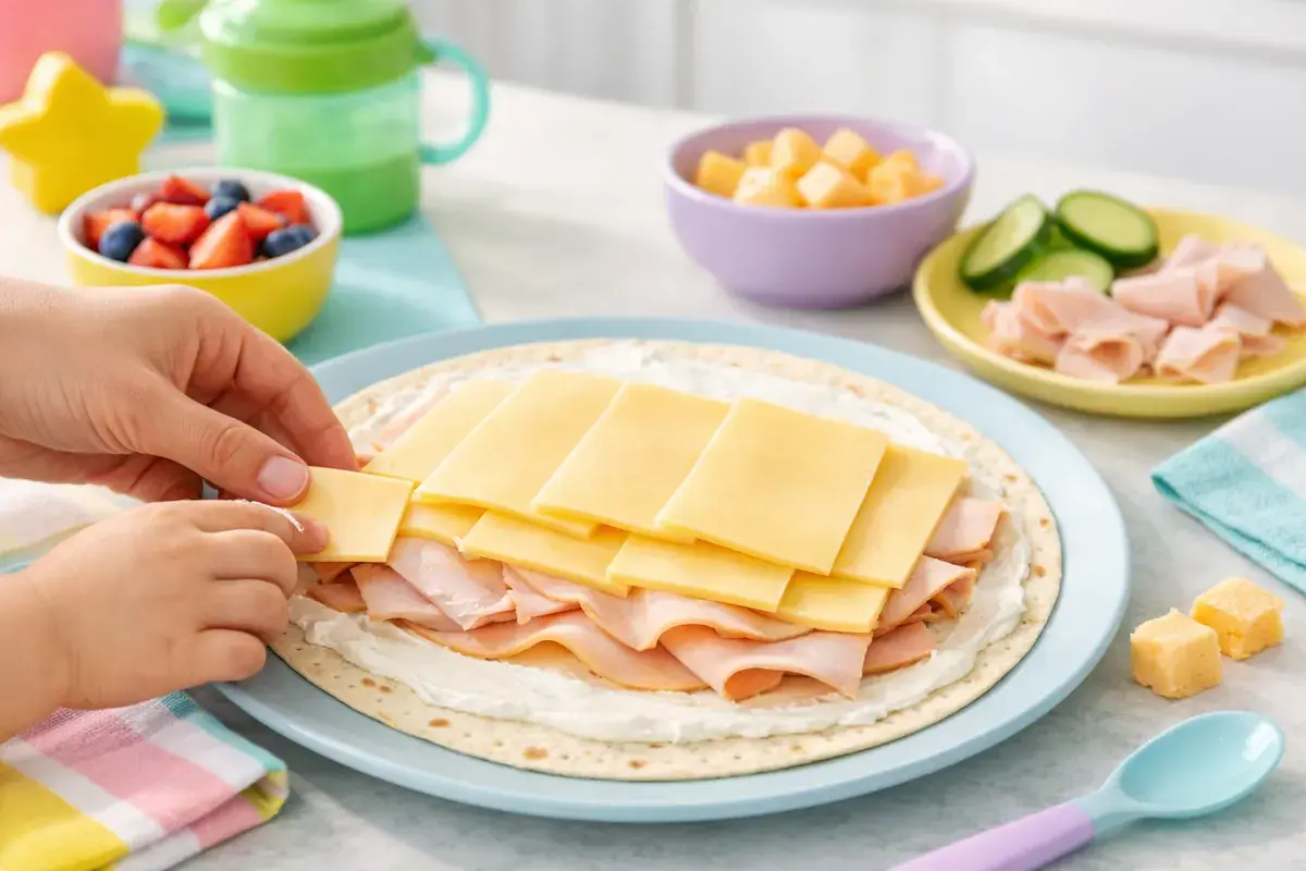 Step 3: Slices of turkey and cheese layered on a tortilla spread with cream cheese