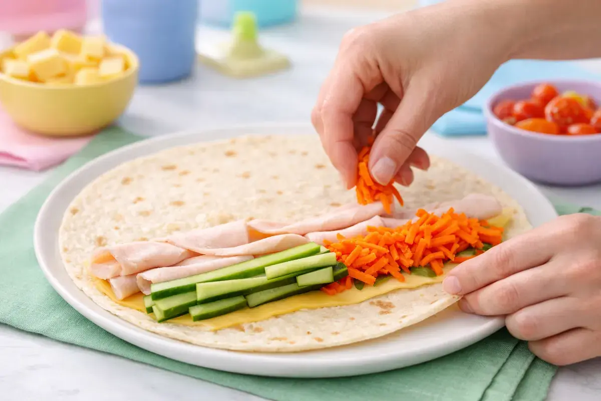 Step 4: A row of thin cucumber matchsticks and grated carrot along the edge of a tortilla with turkey and cheese