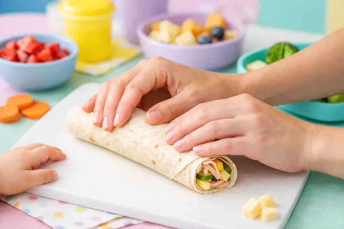 Step 5: Small adult hands tightly rolling a tortilla with turkey, cheese and cucumber into a log