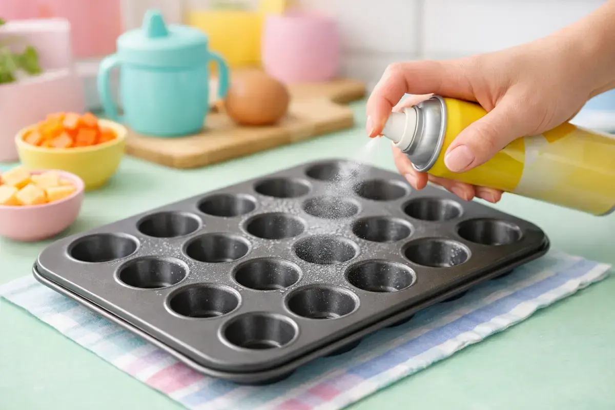Step 1: A mini muffin tin being sprayed with cooking oil on a pastel kitchen counter