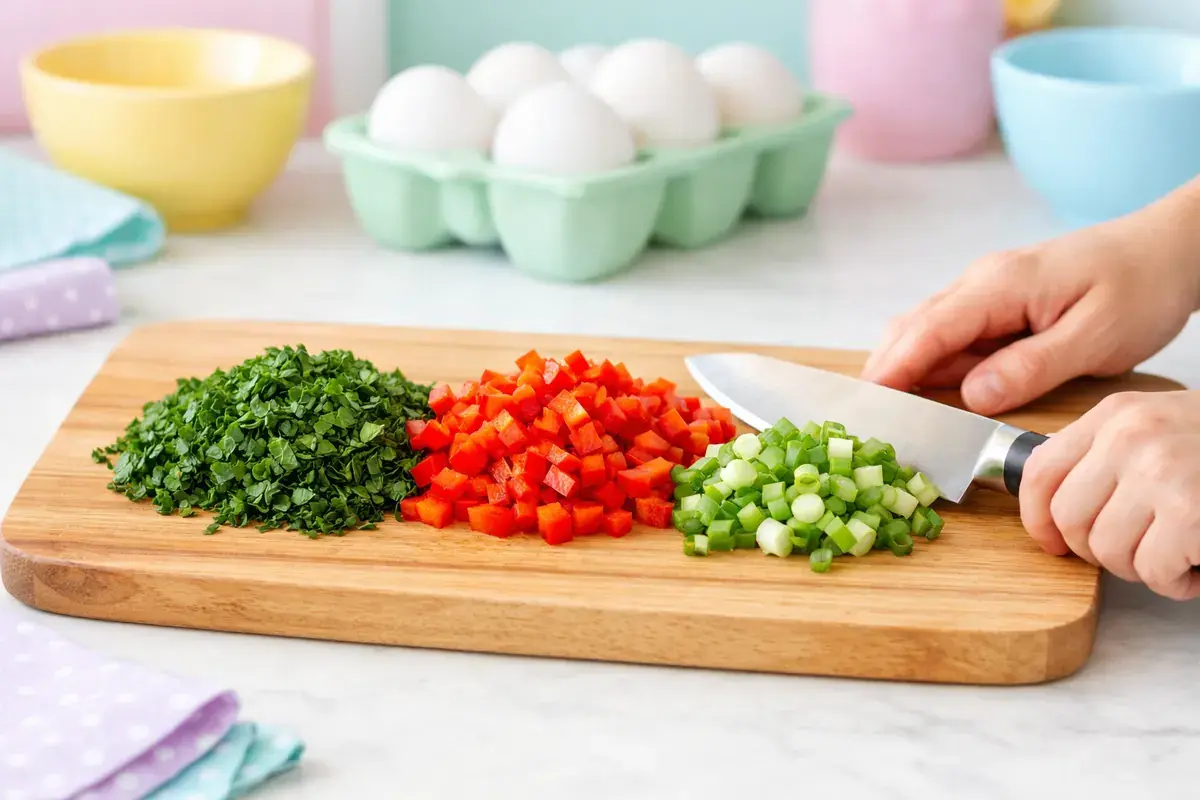 Step 2: Finely chopped spinach, diced red bell pepper and green onion on a wooden cutting board with a knife